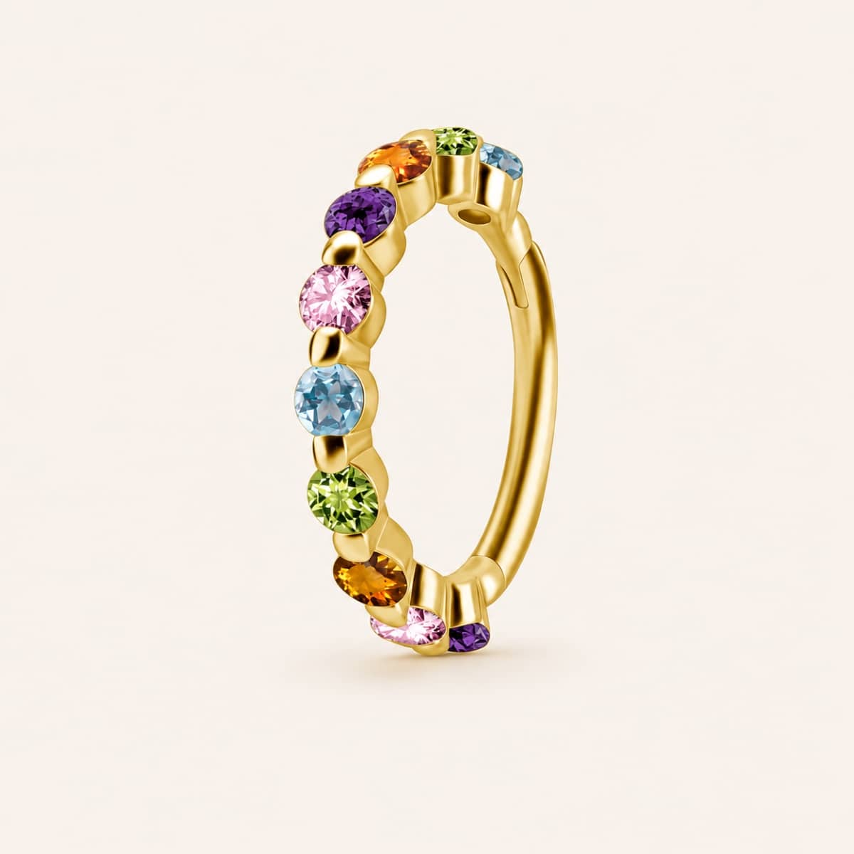 18K REAL GOLD HINGED SEGMENT RING SET WITH MULTICOLOR GENUINE GEMSTONES (AMETHYST, TOPAZ, CITRINE, PERIDOT, PINK SAPHIRE)