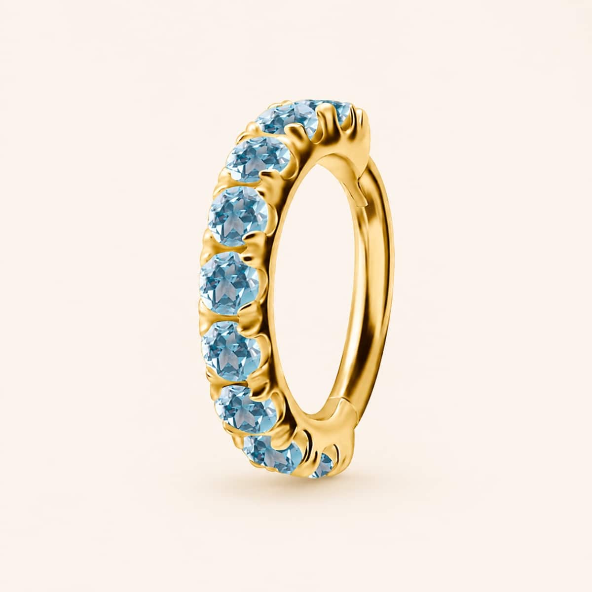 18K REAL GOLD HINGED SEGMENT MICRO PAVEE CLICKER SET WITH GENUINE BLUE TOPAZ