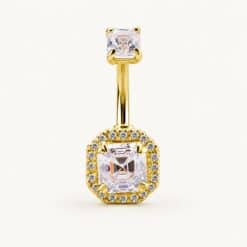 18K REAL GOLD INTERNAL BELLY BANANA SET WITH CUSHION SHAPE PREMIUM ZIRCONIA