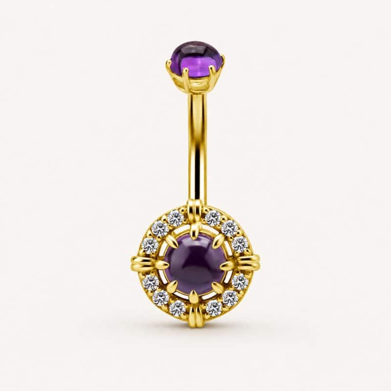 18K REAL GOLD INTERNAL BELLY BANANA SET WITH GENUINE AMTHYST AND PREMIUM CUBIC ZIRCONIA